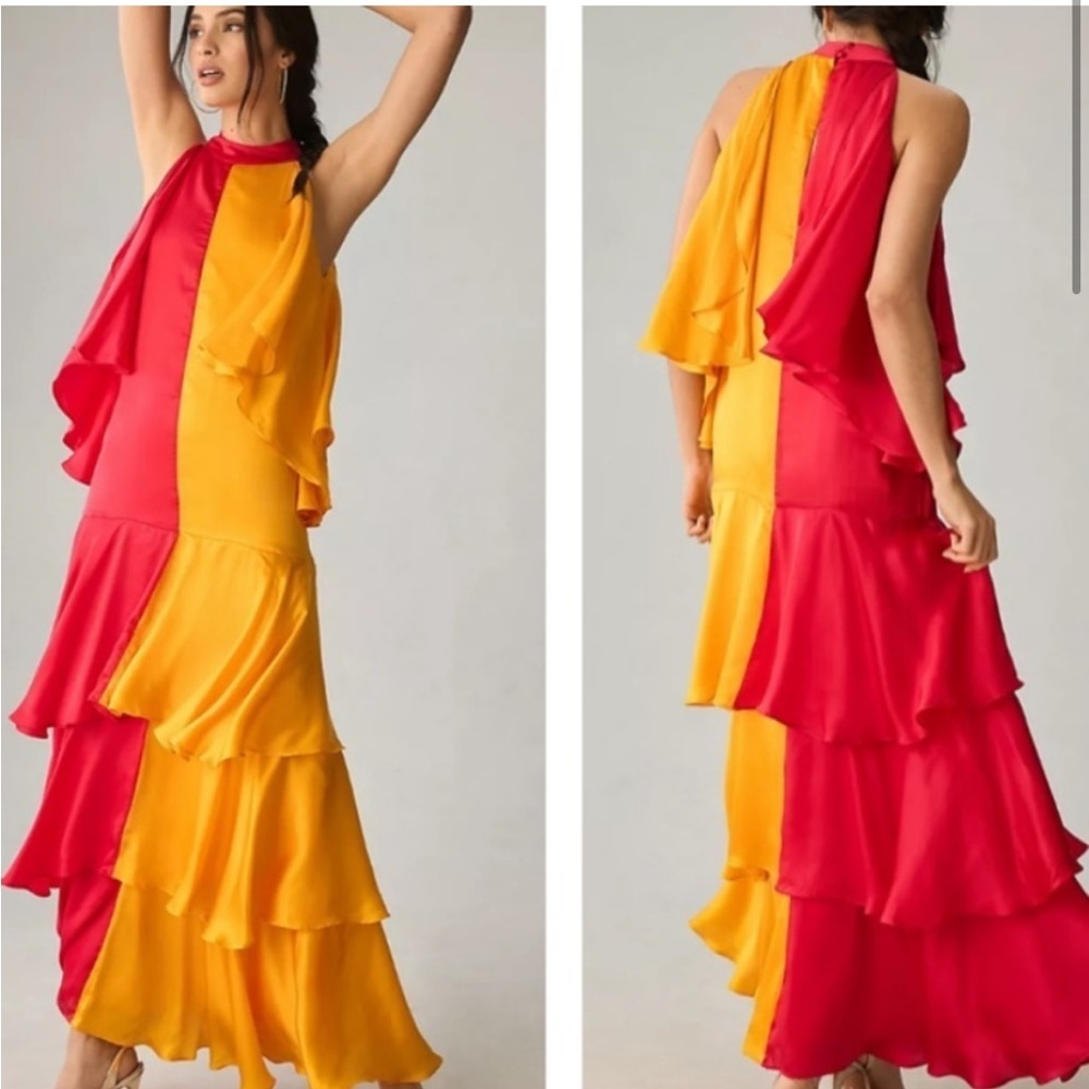 Yellow and Orange Ruffled Halter Sundress
